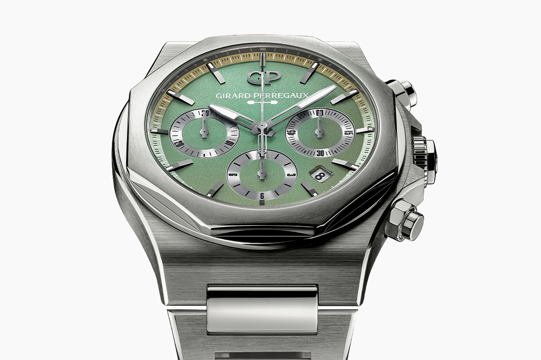 Girard-Perregaux & Aston Martin Collab em um cronógrafo de Laureato com um mostrador verde iridescente, exatamente como os hipercarros da montadora