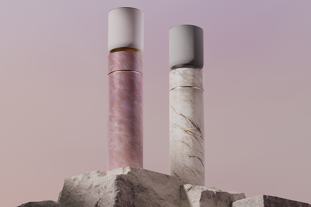 O equilíbrio beosound de Bang & Olufsen é um alto-falante hi-fi feito de quartzo e madeira petrificada