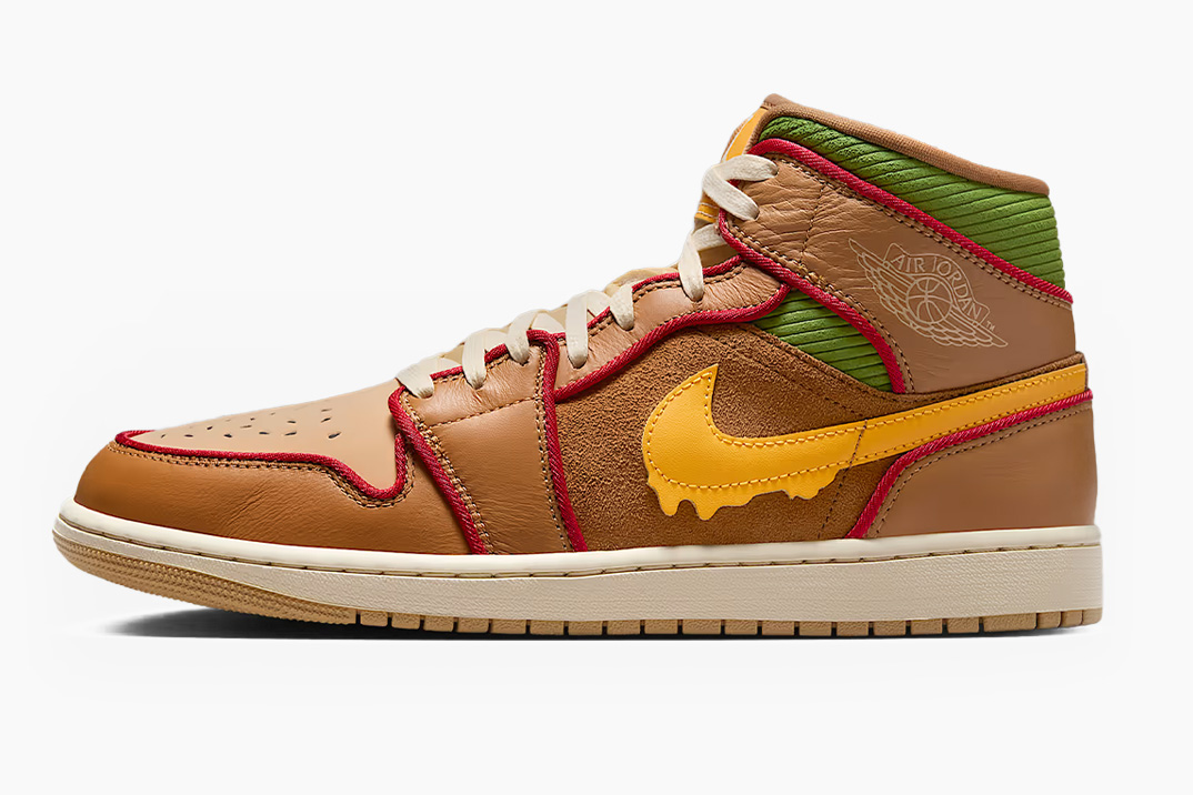 Air Jordan 1 Mid SE de inspiração de cheeseburger da Nike tem um logotipo Swoosh pingando