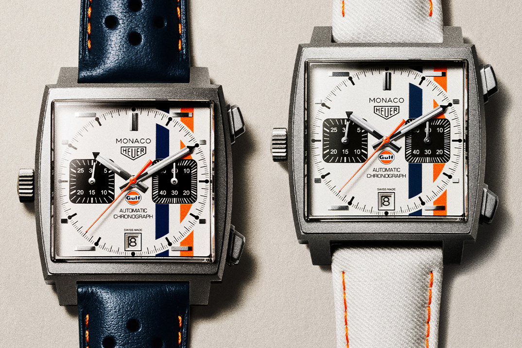 O cronógrafo Monaco X Gulf de Tag Heuer usa o mesmo tecido que o icônico traje de corrida de Steve McQueen