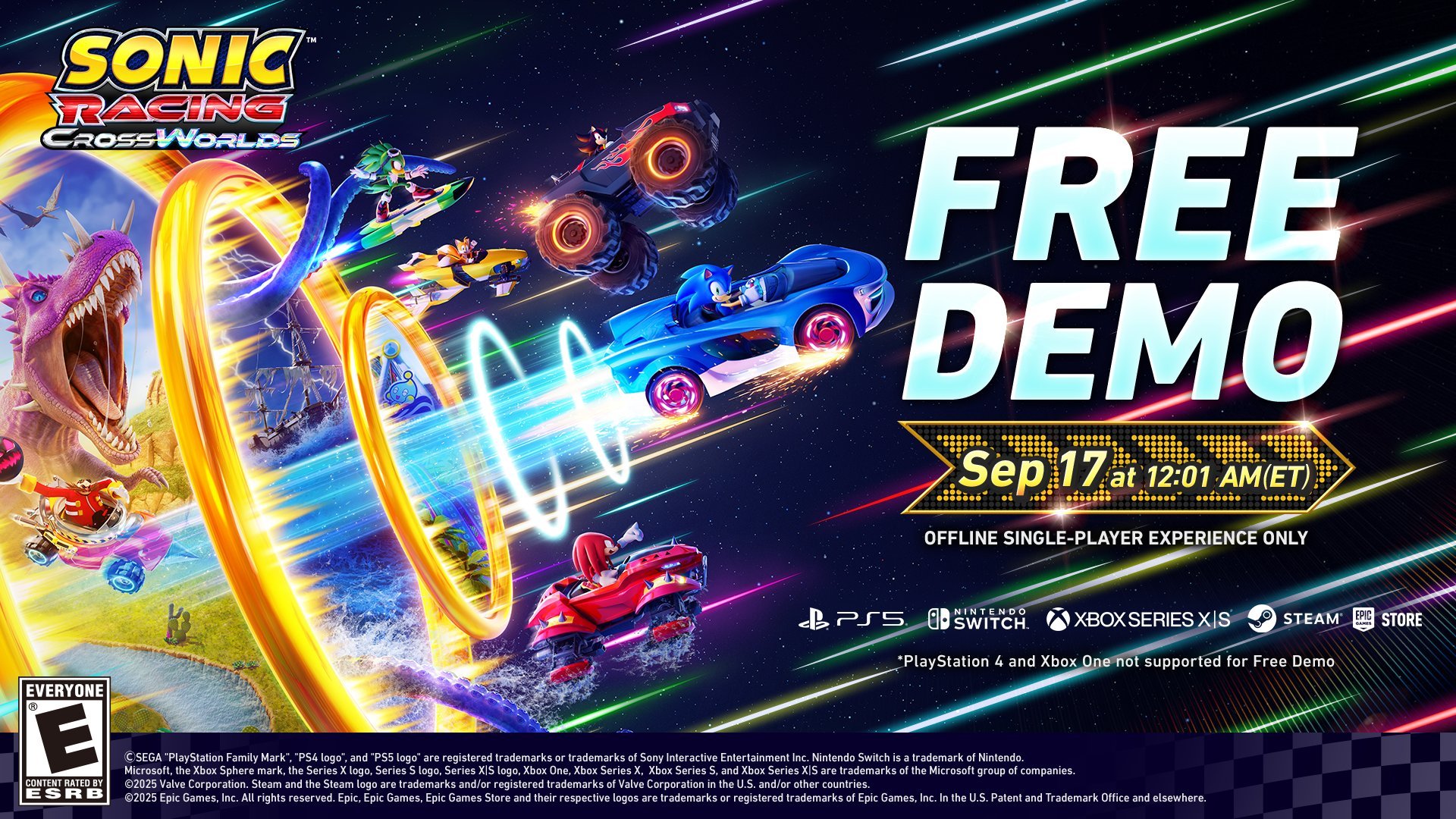 Sonic Racing: Crossworlds Single-Player Demo será lançado em 17 de setembro para PS5, Xbox Series, Switch e PC