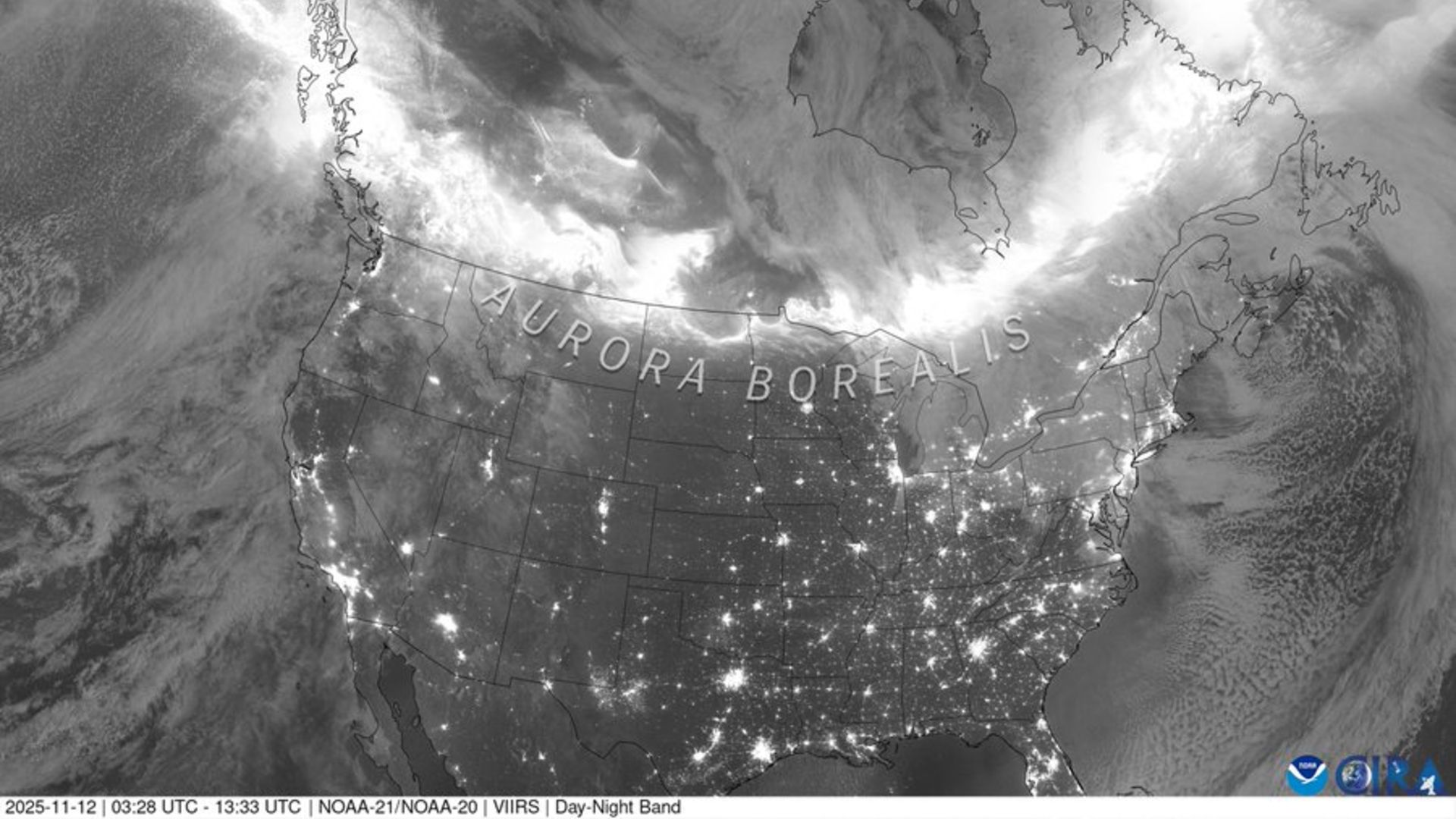 Satélite NOAA vê auroras brilhantes na foto da órbita do dia de 14 de novembro de 2025