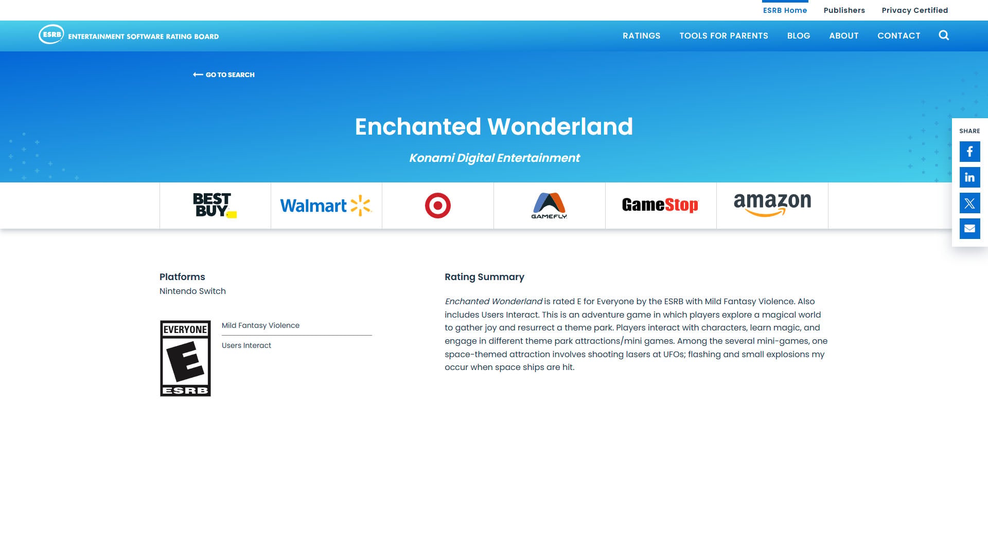 ESRB avalia jogo não anunciado da Konami, Enchanted Wonderland, para Switch