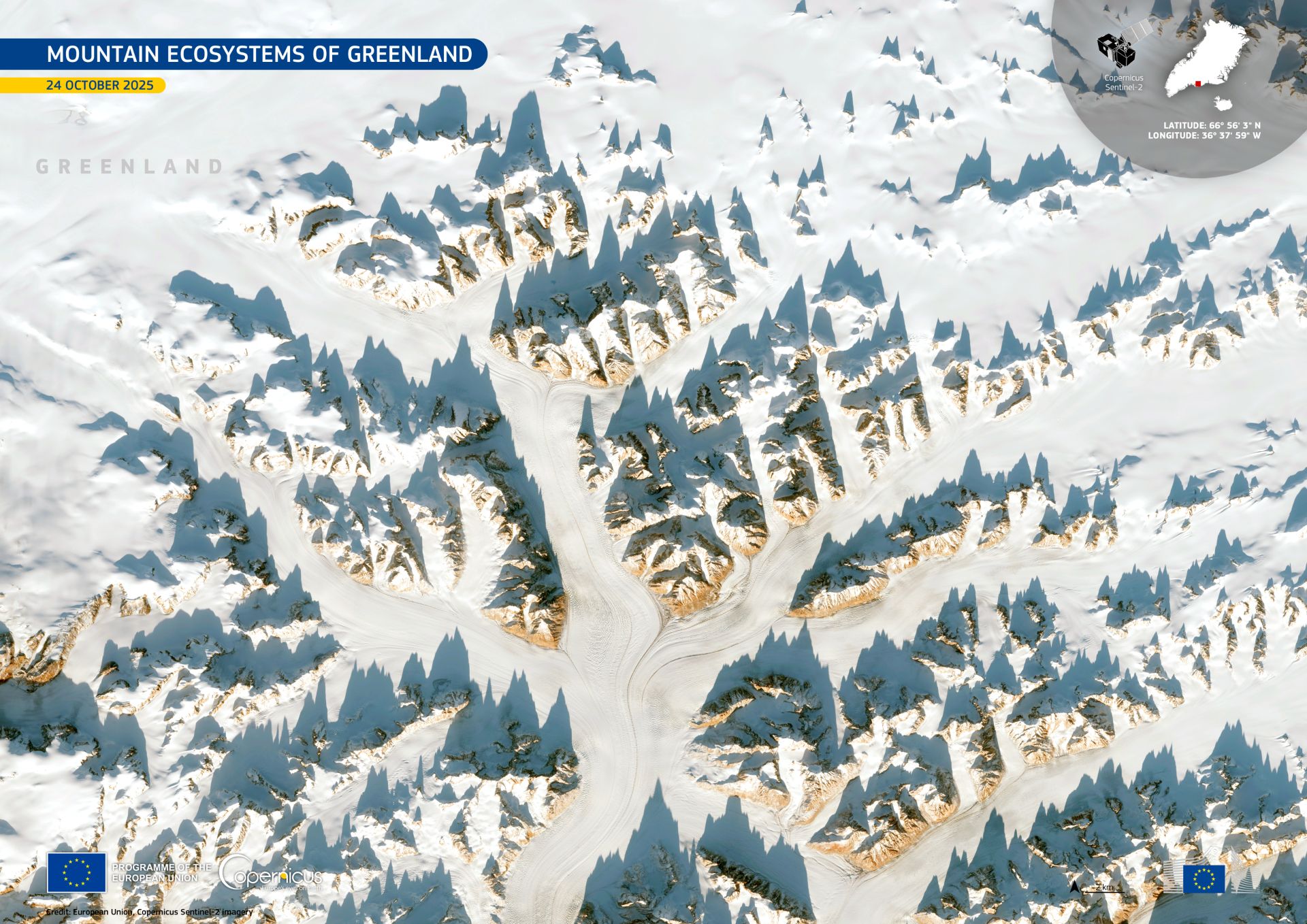 Satélite vê picos nevados da Groenlândia na foto espacial do dia de 14 de janeiro de 2026