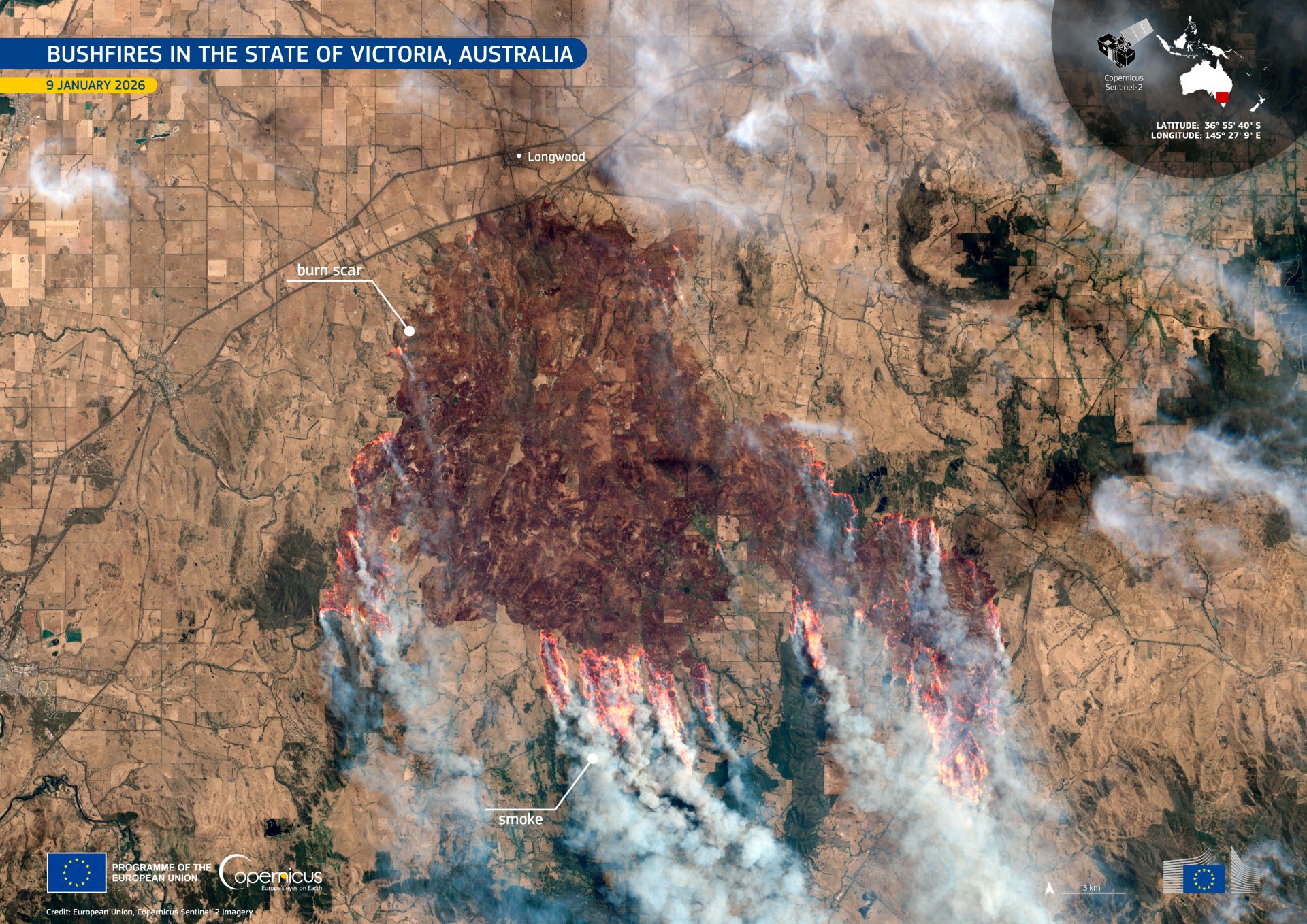 Satélites espionam incêndios florestais violentos na Austrália, foto do dia em 15 de janeiro de 2026