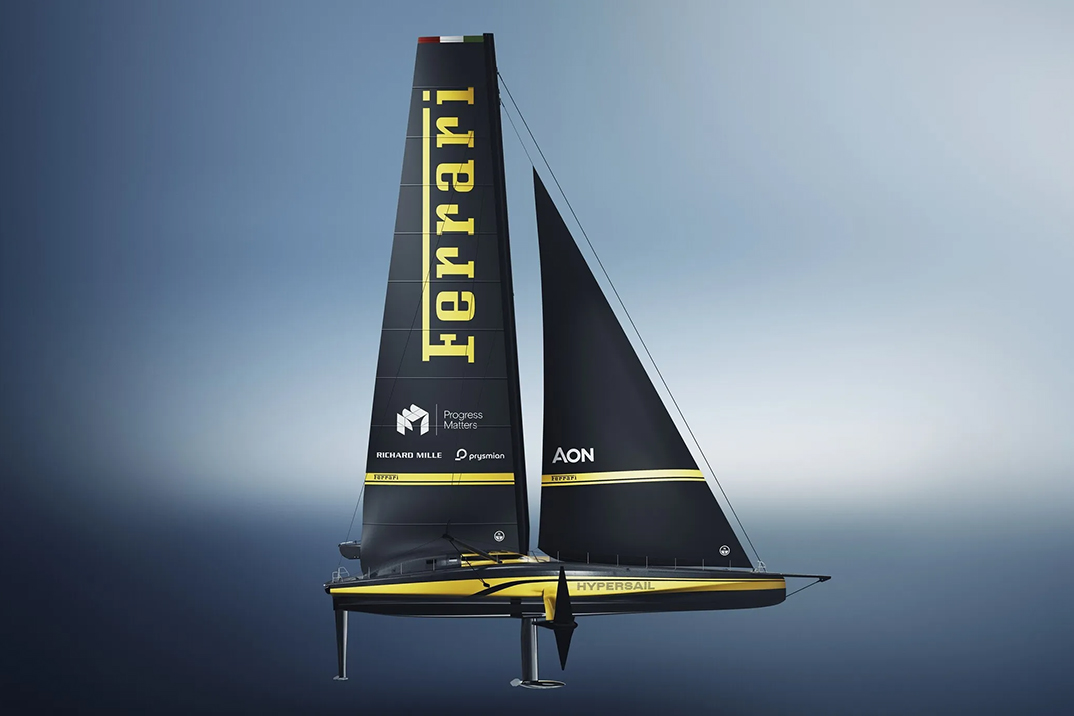 O Ferrari Hypersail é um iate de carbono de 30 metros que não toca na água