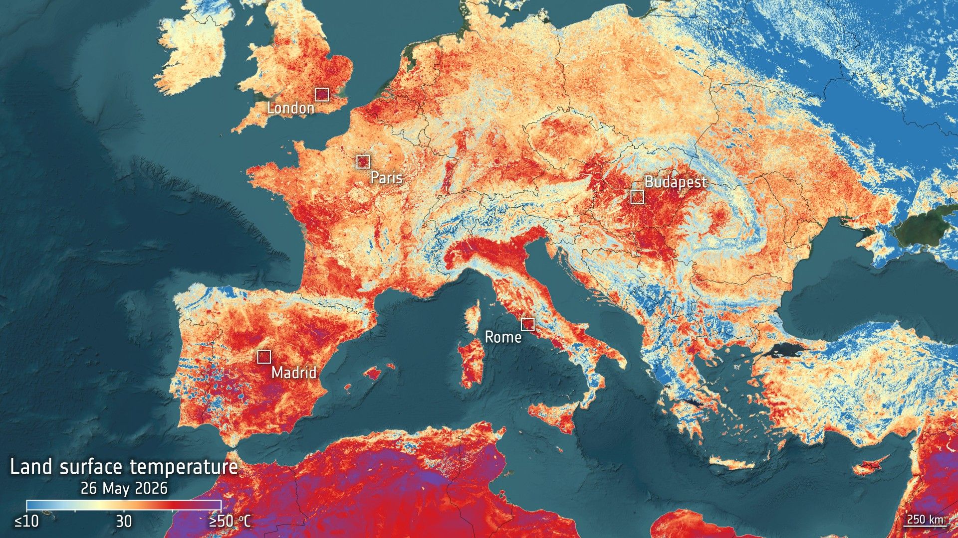 Onda de calor recorde na Europa vinda do espaço, foto do dia em 29 de maio de 2026