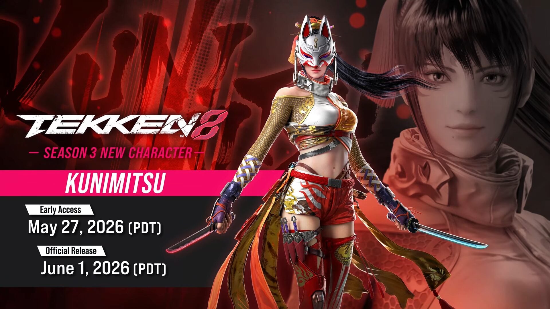 O personagem DLC de Tekken 8, Kunimitsu, será lançado em 27 de maio para proprietários do Character Pass da 3ª temporada, 1º de junho para todos