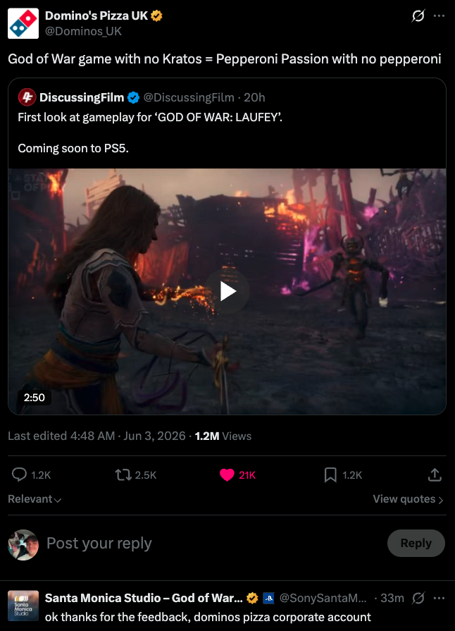 God Of War: Laufey Dev responde ao tweet idiota da Pizza Company sobre o novo jogo