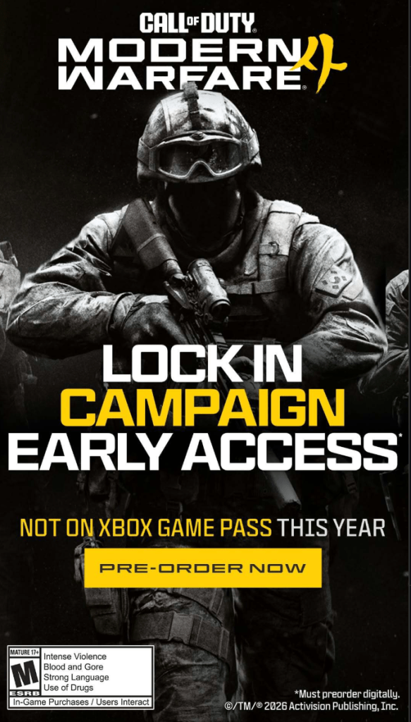 Activision promove Call Of Duty: MW4 dizendo que não está no Game Pass