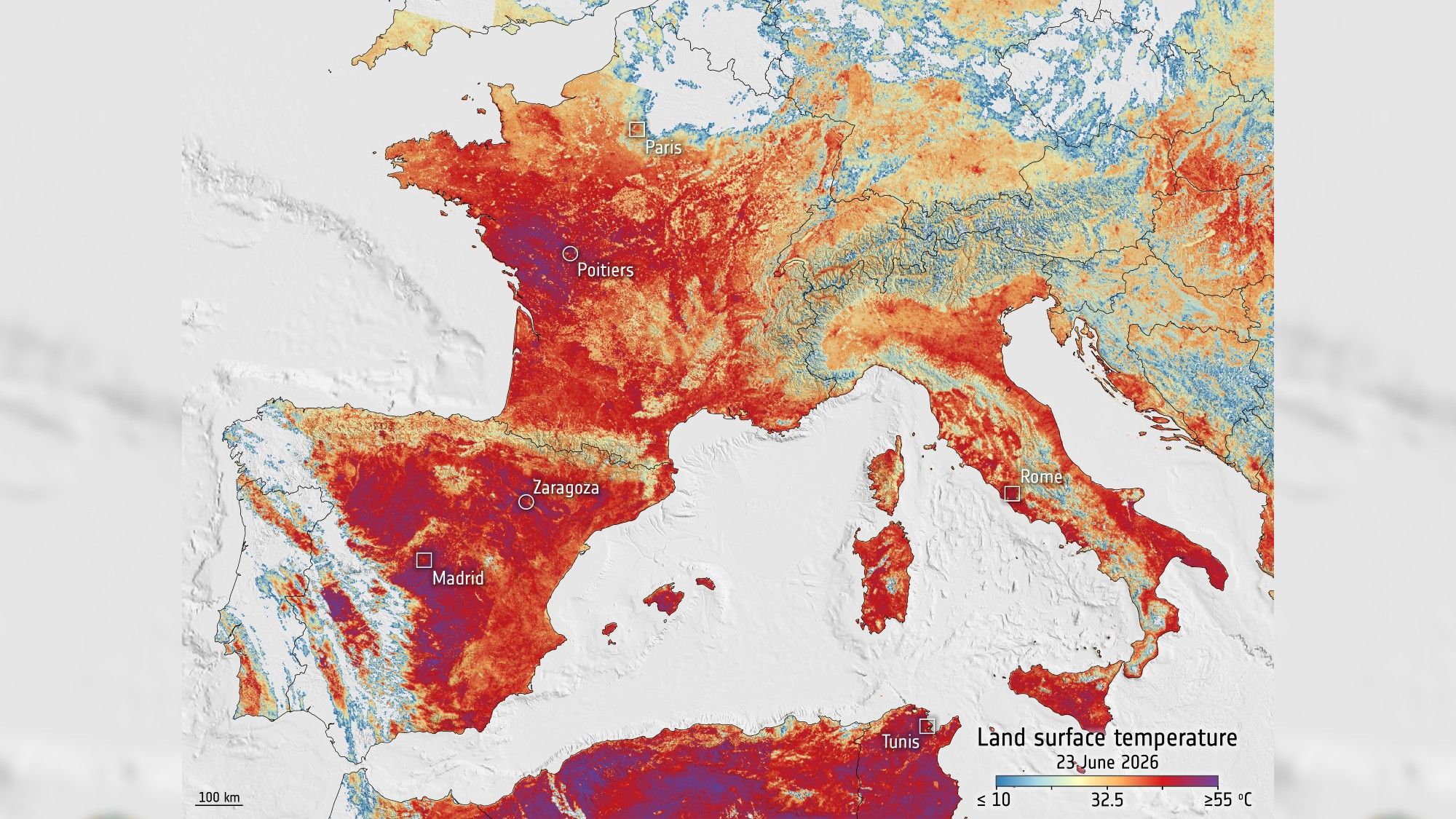 Onda de calor mortal na Europa vista do espaço, foto do dia 30 de junho de 2026