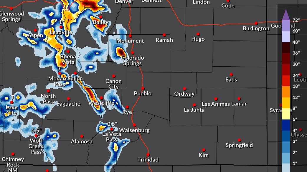 O mapa mostra até 36 polegadas de neve e rajadas de 50 MPH esta semana
