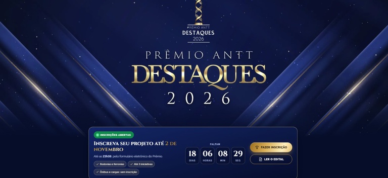 Portal da ANTT reúne regulamento, canal de inscrição e acervo de boas práticas do Prêmio Destaques 2026 — Agência Nacional de Transportes Terrestres