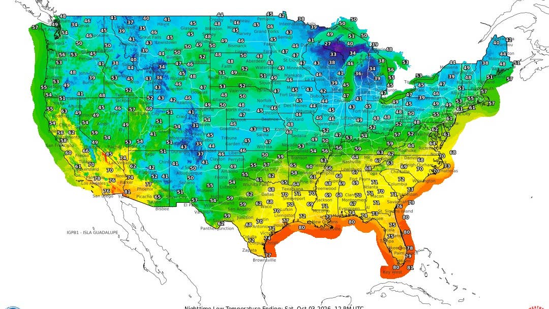 Mapa da NOAA mostra os estados mais frios neste fim de semana, com mínimas caindo para 27 graus